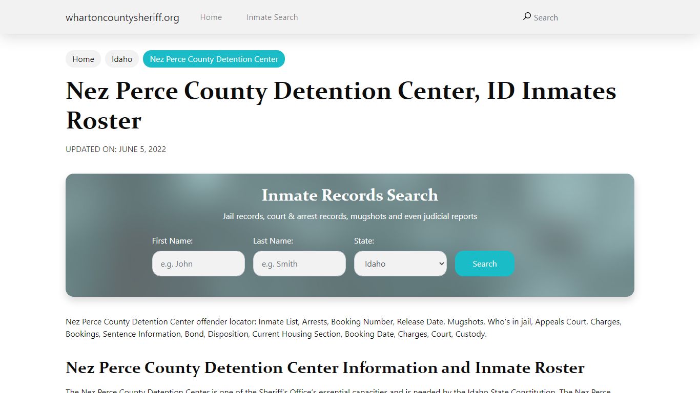 Nez Perce County Detention Center, ID Jail Roster, Name Search